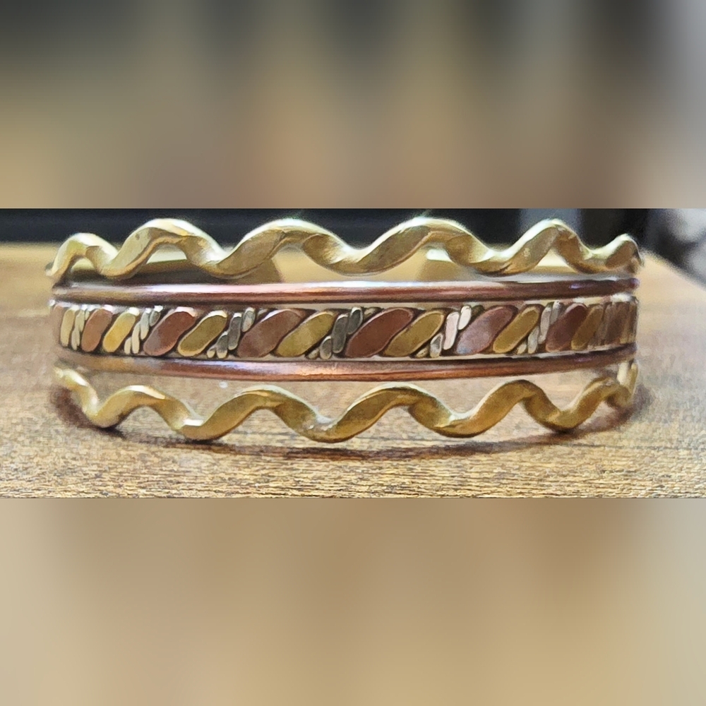 Vintage Mixed Metal Cuff Bracelet Boho Southwestern Brass Copper Layered Artisan - Picture 2 of 8
